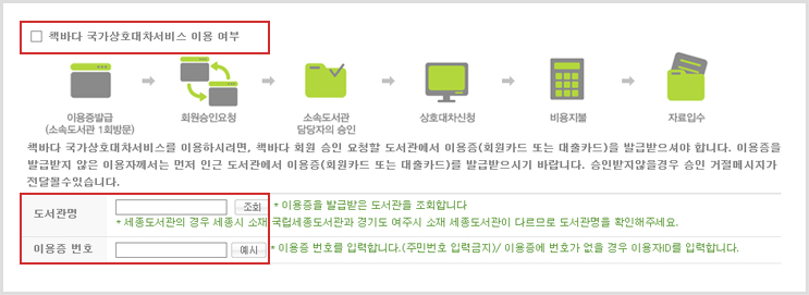 책바다 국가상호대차서비스를 이용하시려면, 책바다 회원 승인 요청할 도서관에서 이용증(회원카드 또는 대출카드)를 발급받으셔야합니다. 이용증을 발급받지 않은 이용자께서는 먼저 인근 도서관에서 이용증(회원카드 또는 대출카드)을 발급받으시기 바랍니다. 승인받지 않을 경우 승인 거절메시지가 전달될 수 있습니다.